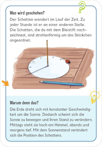 Das Bild zeigt eine Sonnenuhr aus Papier, auf der ein Bleistift als Zeiger dient. Im Hintergrund ist ein kleiner Marienkäfer zu sehen.