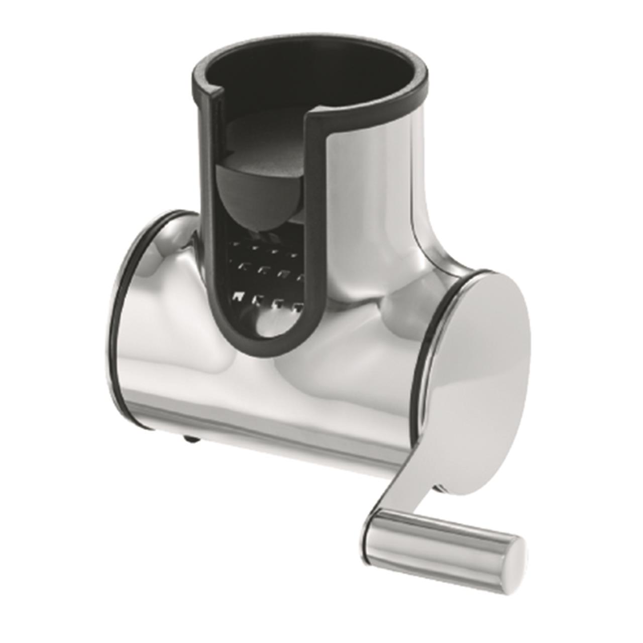 Das Bild zeigt eine Käsemühle aus Metall mit einer Handkurbel. Sie wird verwendet, um Käse einfach zu reiben.