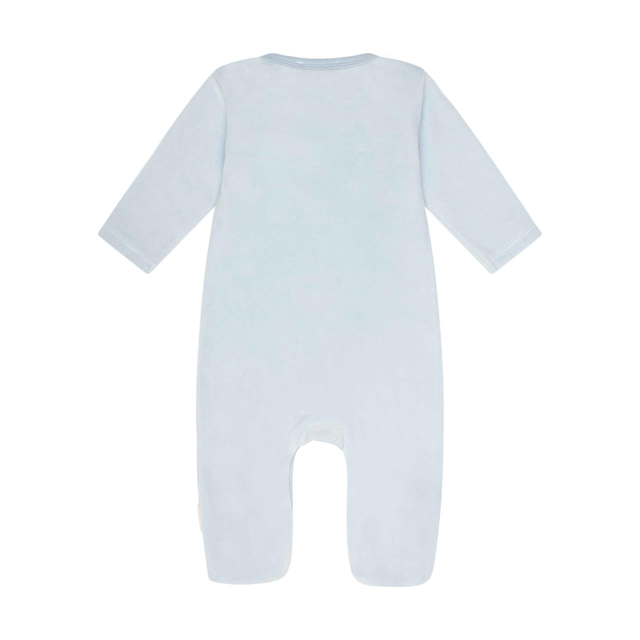 Auf dem Bild ist ein hellblauer Einteiler mit Fuß für Babys zu sehen. Der Einteiler hat lange Ärmel und besteht aus weichem Nicki-Stoff.