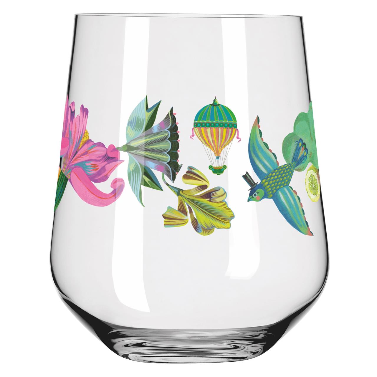 Das Bild zeigt ein Gin-Glas mit bunten, floralen und fantasievollen Motiven. Zu sehen sind Blumen, ein Heißluftballon und ein Vogel mit Zylinder, die das Glas verzieren.