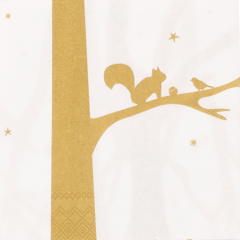Cocktailserviette mit einem Eichhörnchen-Motiv. Das Bild zeigt eine winterliche Papierserviette.