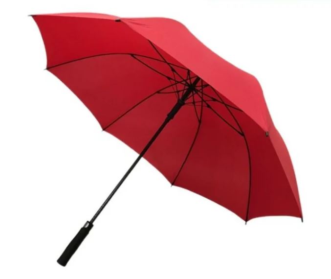 Das Bild zeigt einen großen, roten Golfschirm mit einer Länge von 100 cm. Der Schirm hat einen schwarzen Griff und stabile Streben.