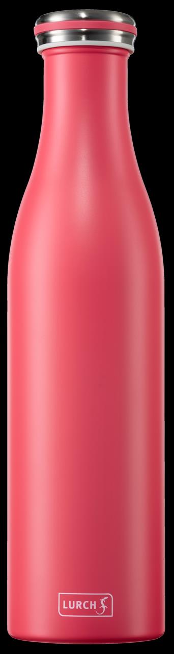 Die Abbildung zeigt eine pinkfarbene Isolierflasche aus Edelstahl mit einem Fassungsvermögen von 0,75 Litern. Am unteren Rand befindet sich das Logo der Marke Lurch.