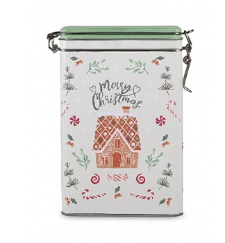 Abgebildet ist eine Blechdose mit dem Namen 'Christmas Ginger'. Die rechteckige Dose eignet sich ideal zur Aufbewahrung von Keksen zur Weihnachtszeit.