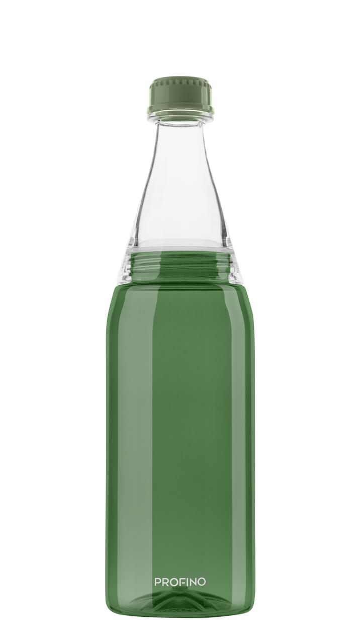 Die Abbildung zeigt eine grüne Wasserflasche mit einem Fassungsvermögen von 750 ml. Auf der Flasche steht der Schriftzug "PROFINO".