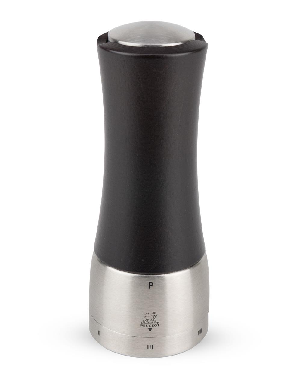 Die Abbildung zeigt eine Pfeffermühle aus Edelstahl und dunklem Holz. Das Modell ist die "Pfeffermühle Madras Edelstahl/Schoko USelect 16 cm" von Peugeot.