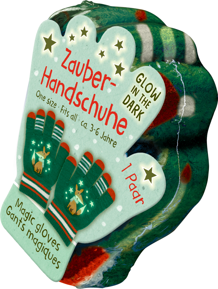 Abgebildet wird das Produkt 'Winterzauber Im Weihnachtswald - Zauberhandschuhe'. Die Handschuhe passen perfekt zu winterlichen Outfits.