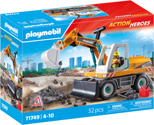 Auf dem Bild ist eine Playmobil-Box mit einem Bagger-Spielset zu sehen. Das Set enthält einen Bagger, eine Spielfigur und mehrere Zubehörteile für Kinder von 4 bis 10 Jahren.