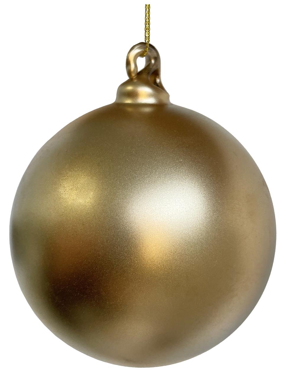 Die Abbildung zeigt eine matte Weihnachtskugel in Gold mit einem Durchmesser von 10 cm. Die Kugel hat eine glatte Oberfläche und ist mit einer Aufhängeöse versehen.