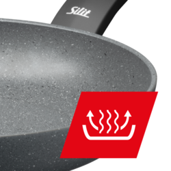 Das Bild zeigt eine Stielpfanne Montano mit einem Durchmesser von 28 cm. Im Vordergrund ist ein rotes Symbol für Induktionsgeeignetheit abgebildet.