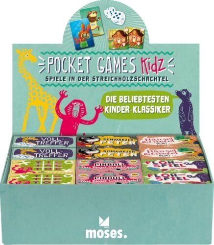Das Bild zeigt eine Box mit kleinen Spielen namens "Pocket Games Kidz" von der Marke moses. Die Spiele sind bunt verpackt und werden als beliebte Kinder-Klassiker bezeichnet.