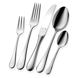 Das Bild zeigt das Besteck-Set "Kent Plus Cromagan Protect 66tlg.". Zu sehen sind Messer, Gabeln und Löffel aus glänzendem Edelstahl.