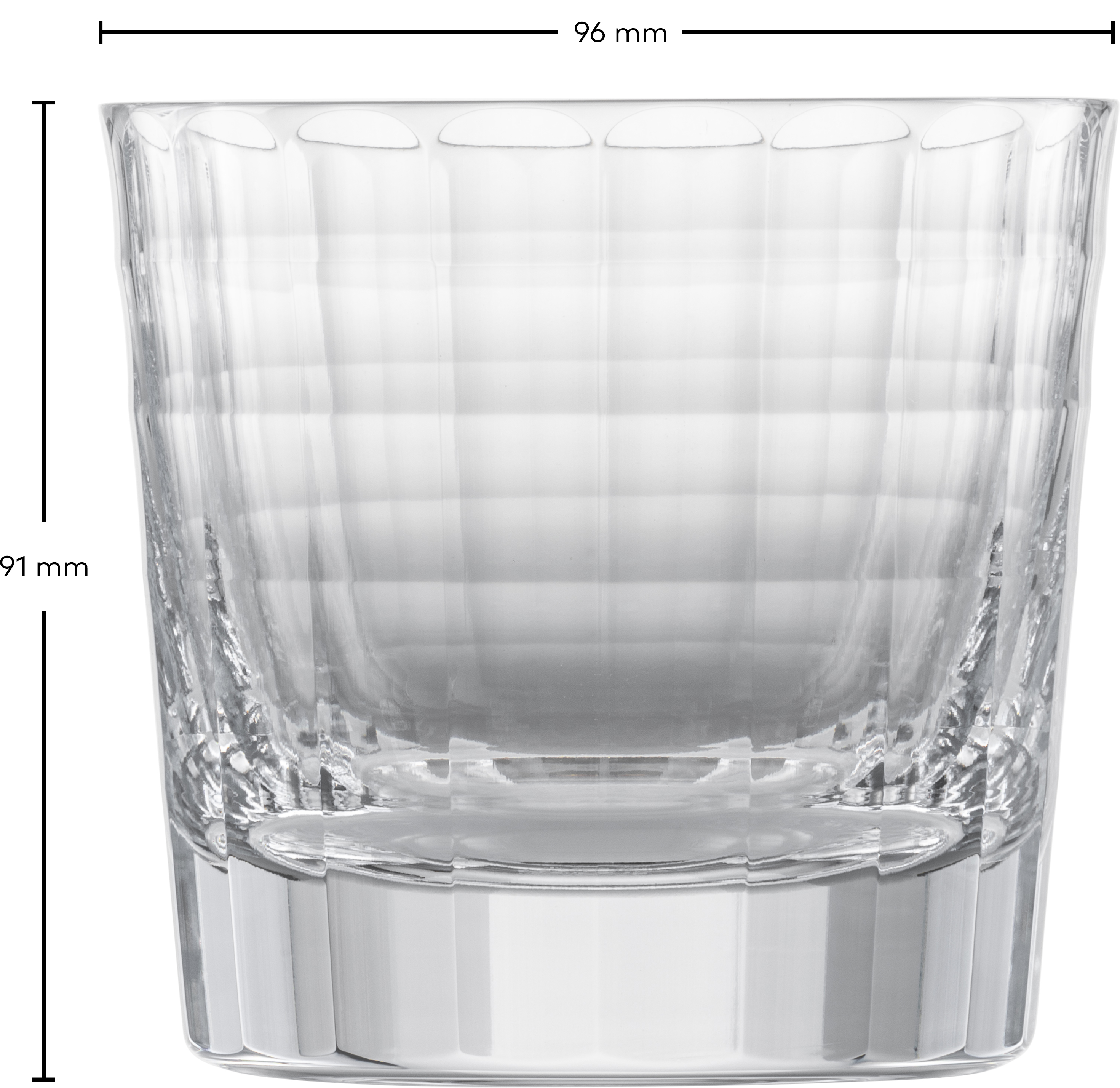 Das Bild zeigt ein klares Whiskyglas mit einem strukturierten Design. Das Glas ist 96 mm breit und 91 mm hoch.