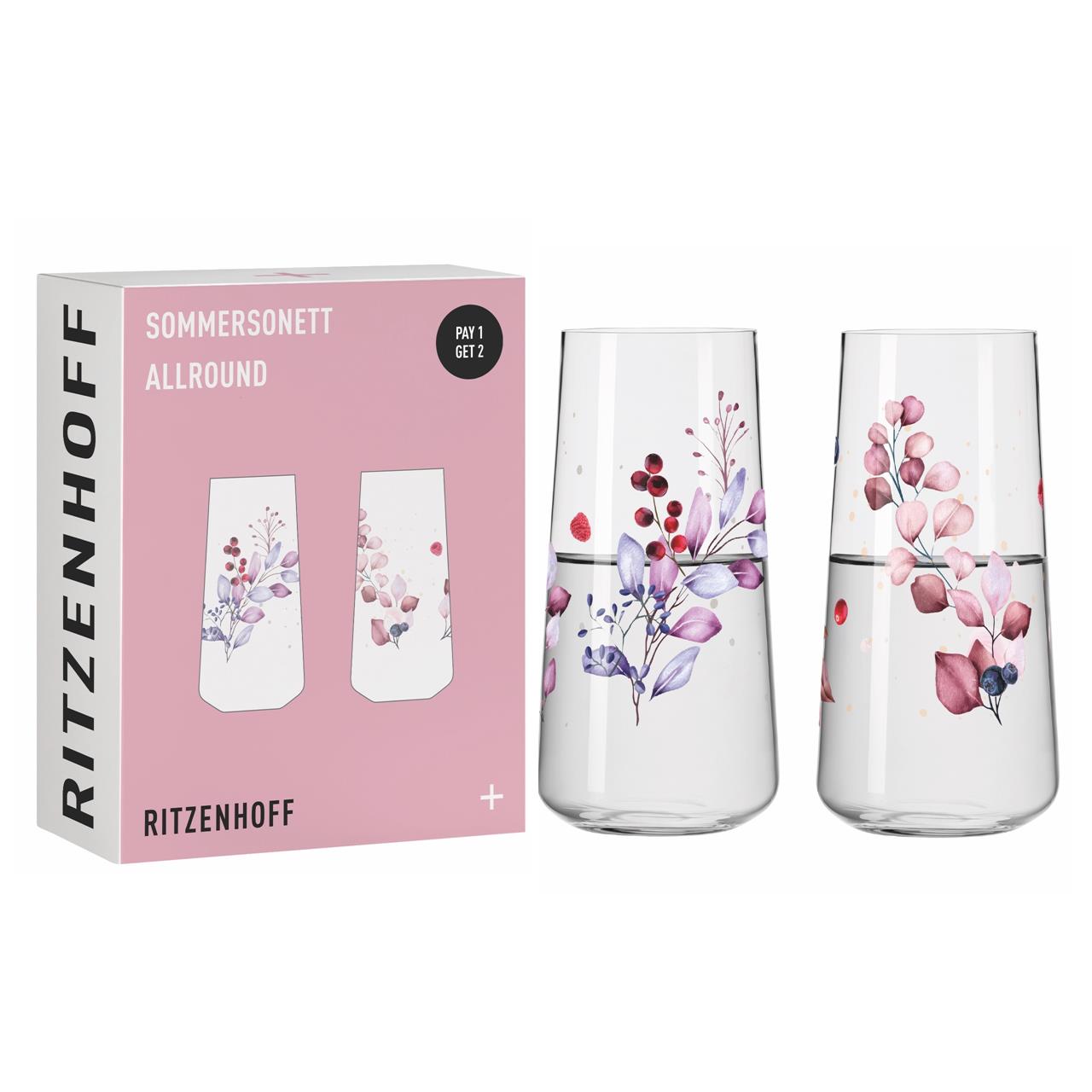 Das Bild zeigt das Produkt "PROM Sommersonett Allround 2er-Set C. Oliveira F23" von Ritzenhoff. Es enthält zwei Gläser mit floralen Mustern in Rosa- und Lilatönen sowie die passende Verpackung.