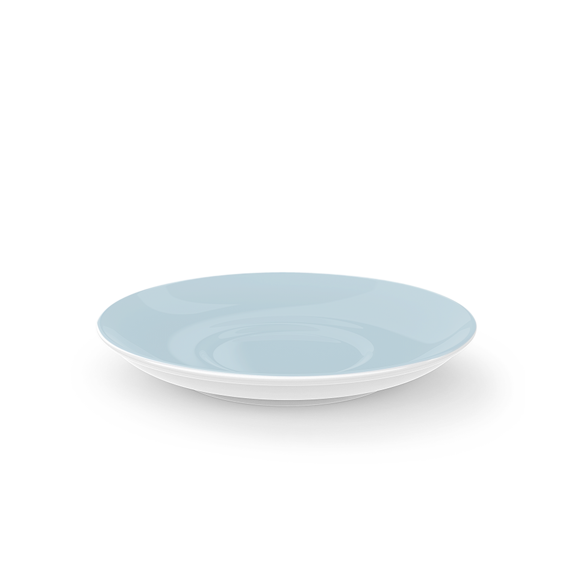 Eine Cappuccino-Untertasse mit 16 cm Durchmesser in der Farbe Eisblau. Das schlichte Design zeigt die Solid Color Kollektion.