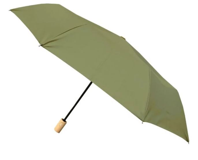Dies ist ein umweltfreundlicher, kompakter, khakifarbener Regenschirm. Er verfügt über einen automatischen Öffnungsmechanismus und einen schlichten Holzgriff.