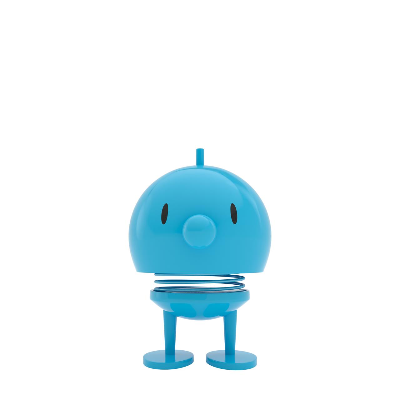 Das Bild zeigt einen Hoptimist Bumble M in der Farbe Türkis. Die Figur hat eine runde Form, steht auf zwei Beinen und hat eine Feder in der Mitte.