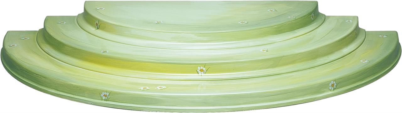 Das Bild zeigt eine dreistufige, halbrunde Präsentationsplattform in sanften Grüntönen mit kleinen, aufgemalten Blumen. Sie ist 50 x 26 x 5,5 cm groß und eignet sich für Blumenkinder und ihre Freunde.
