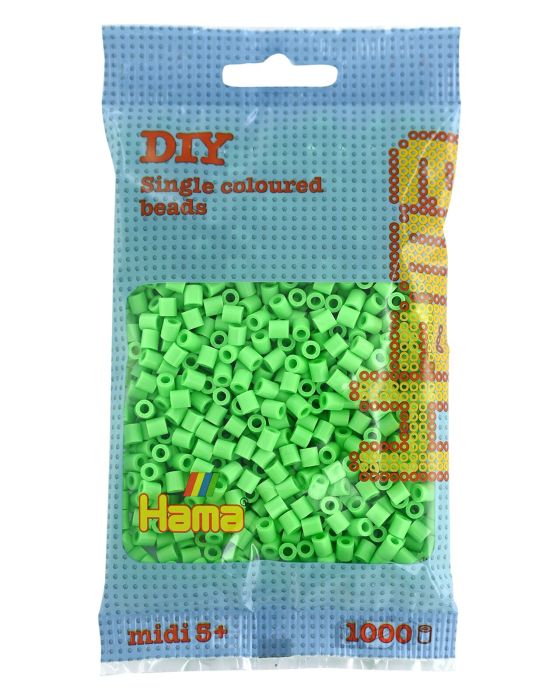 Die Abbildung zeigt eine Packung mit 1000 pastellgrünen Perlen der Marke Hama. Auf der Verpackung steht „DIY Single coloured beads“ und sie ist für Kinder ab 5 Jahren geeignet.