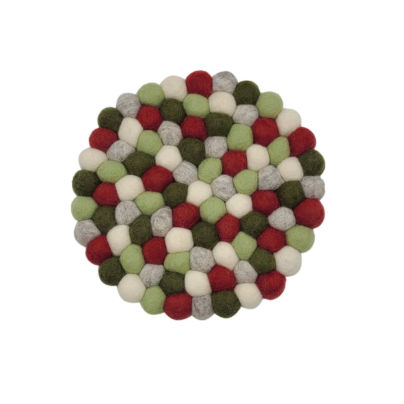 Hier sehen Sie einen runden Filz-Untersetzer mit dicken Kugeln in Grün, Rot und Weiß, Durchmesser 20 cm. Das Produkt nennt sich 'Untersetzer rund dicke kugeln 20cm grün,rot,weiß'.