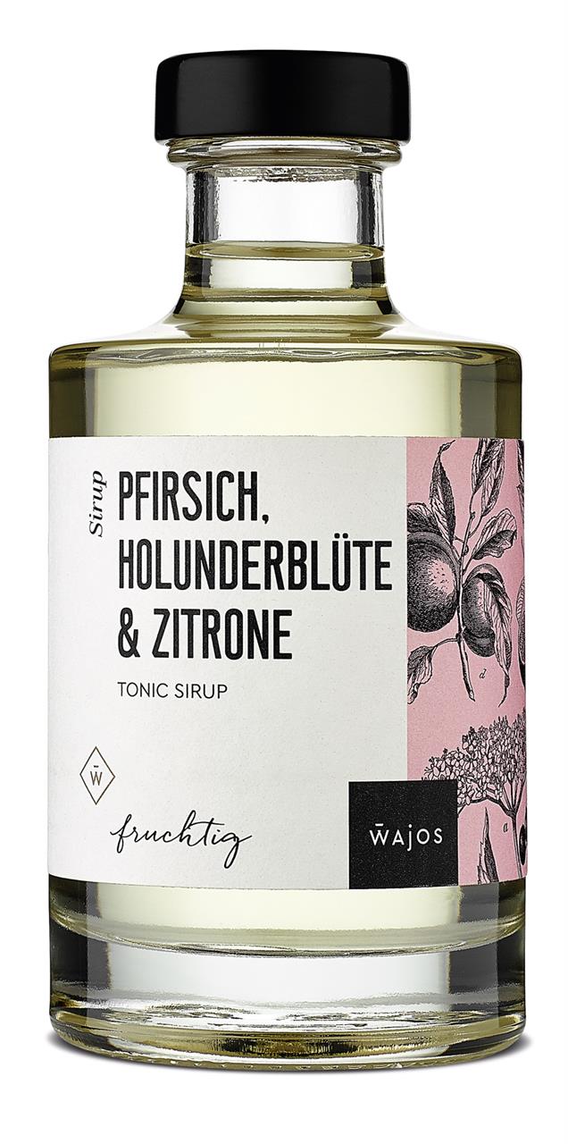 Das Bild zeigt eine Flasche Tonic Sirup mit den Geschmacksrichtungen Pfirsich, Holunderblüte und Zitrone. Das Etikett ist schlicht gestaltet und trägt den Markennamen "Wajos".