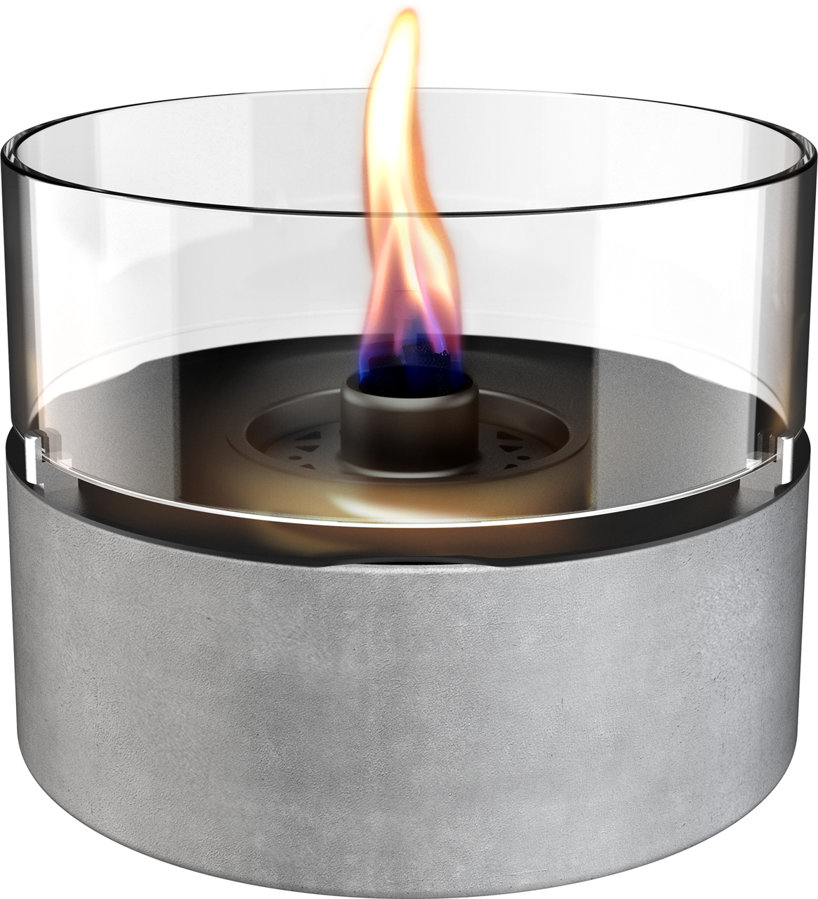 Das Bild zeigt das Produkt "Café 18 Ceramic (Tischfeuer)". Es handelt sich um ein rundes Tischfeuer mit einer Glasumrandung und einer sichtbaren Flamme in der Mitte.