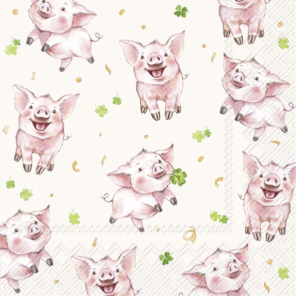 Die Good Luck Pigs cream Lunch-Servietten sind hier dargestellt. Die Servietten präsentieren ein Schweinchen-Grußdesign für Glückwünsche.