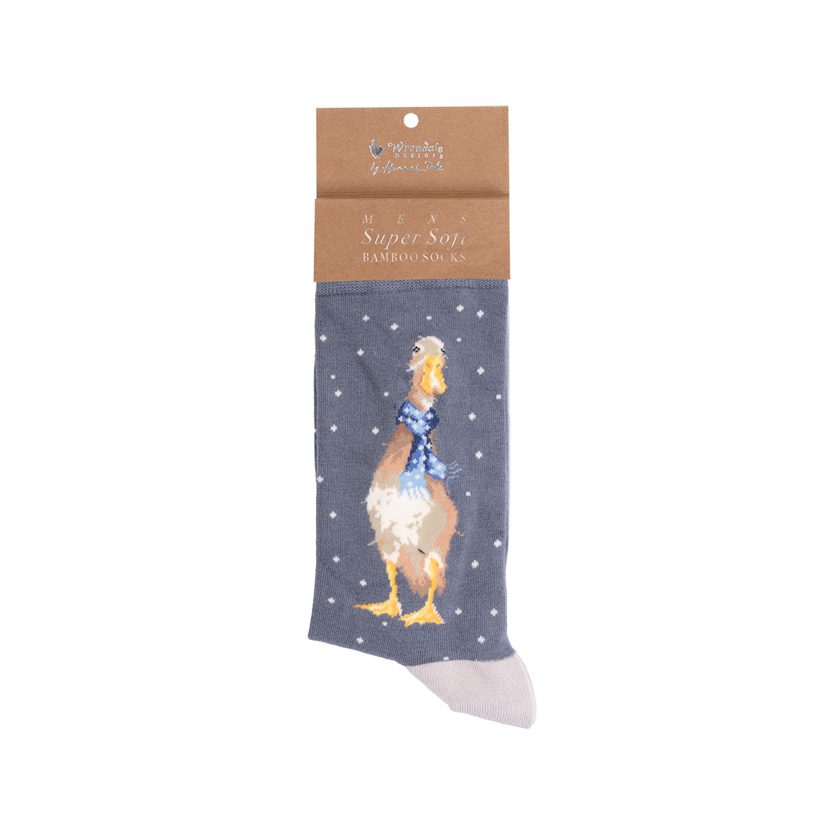 Männer-Weihnachtssocken mit Entenmotiv und Schals werden gezeigt. Die Socken sind für die Weihnachtszeit geeignet.