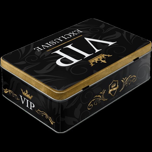 Die Abbildung zeigt eine rechteckige Vorratsdose mit schwarzem, edlem Design. Auf dem Deckel steht in großen Buchstaben "VIP EXCLUSIVE" mit goldenen Verzierungen.