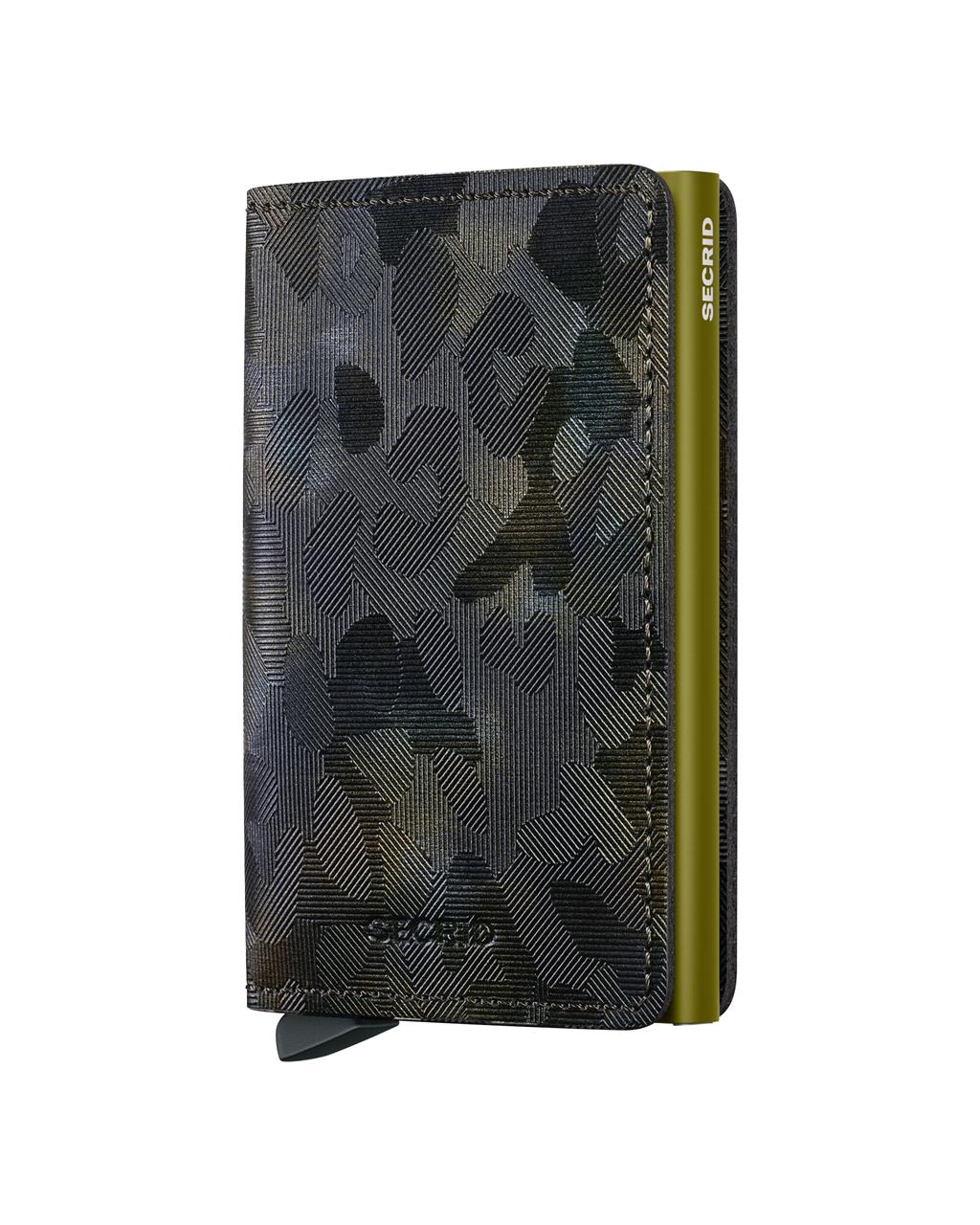 Das Bild zeigt das Produkt "Slimwallet Jungle Moss" mit einem modernen, gemusterten Design. An der Seite befindet sich ein grünes Element mit der Aufschrift "SECRID".