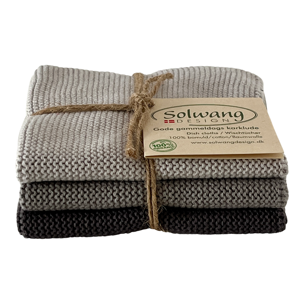 Dreier-Set Spültücher in stahlgrauer Kombination aus Bio-Baumwolle, 25x25 cm groß. Diese Spültücher sind nachhaltig und effektiv beim Reinigen.