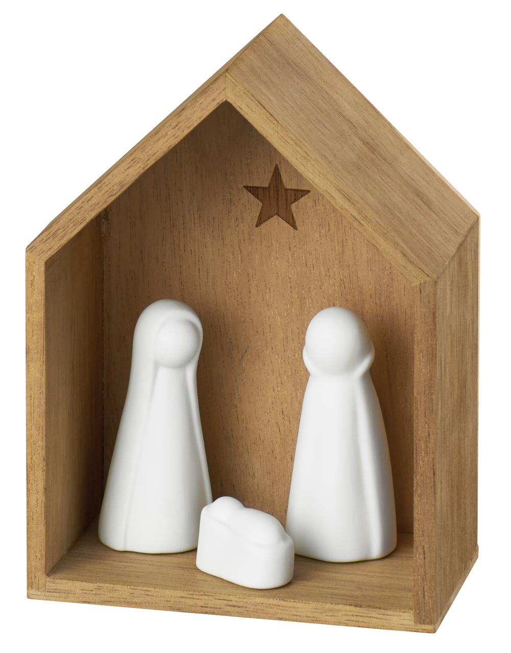 Das Bild zeigt eine kleine Krippe mit den Figuren Maria, Josef und dem Jesuskind. Die Figuren stehen in einem einfachen Holzhäuschen mit einem Stern an der Rückwand.