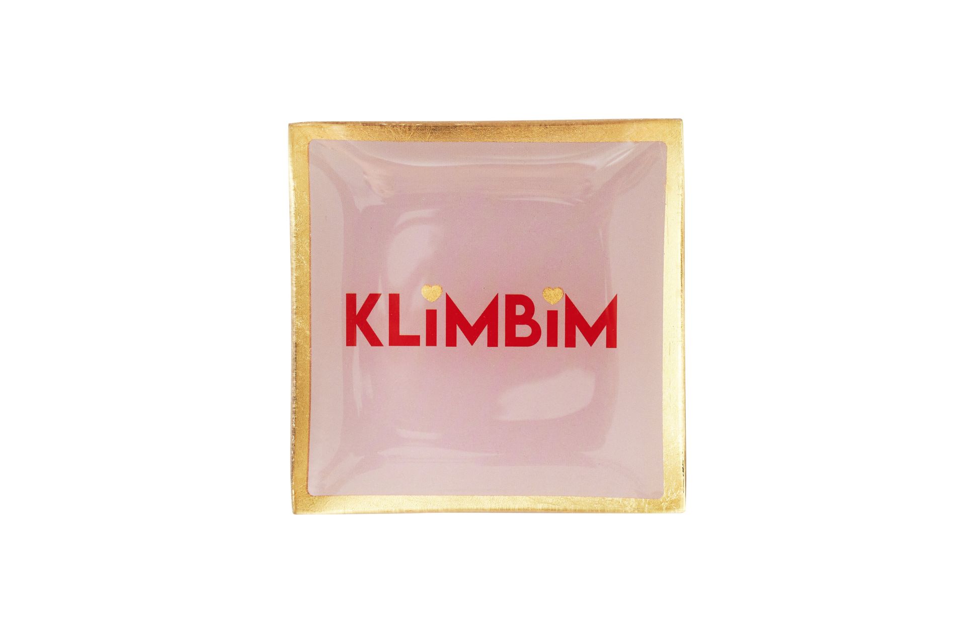 Das Bild zeigt den Love Plates Glasteller S, Klimbim, rosa. Es ist ein kleiner, rosa Glasteller mit dekorativem Klimbim-Motiv.
