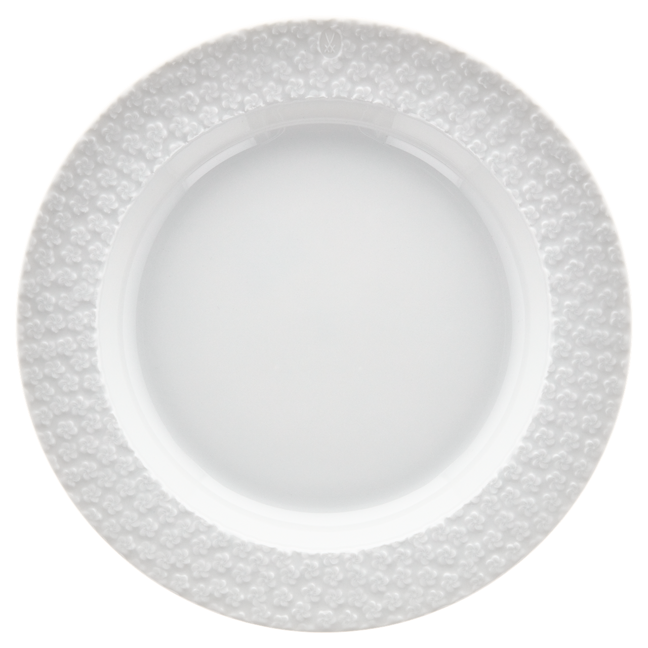 Der Suppenteller „Royal Blossom Form No 41 Weiss“ hat einen Durchmesser von 23 cm. Er ist weiß und besitzt einen dekorativ gemusterten Rand.