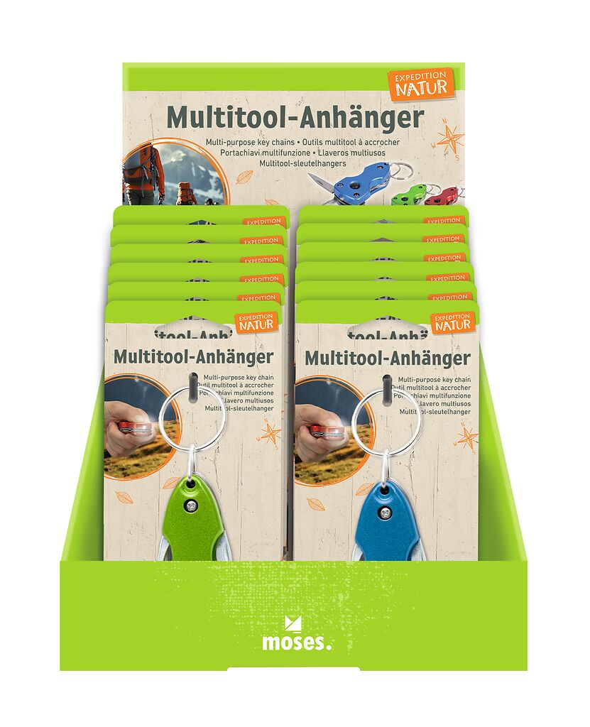 Das Bild zeigt einen Multitool-Anhänger aus der Serie Expedition Natur. Es handelt sich um ein praktisches Werkzeug in Form eines Anhängers.