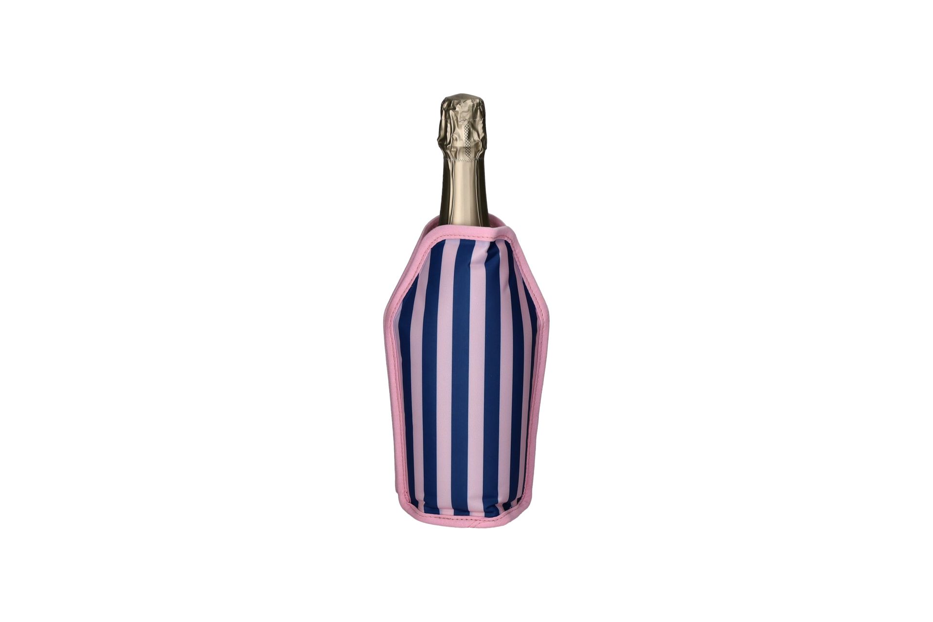 Froid Kühlmanschette mit Streifen in blau und rosa. Sie kann Getränke oder Flaschen kühlen.