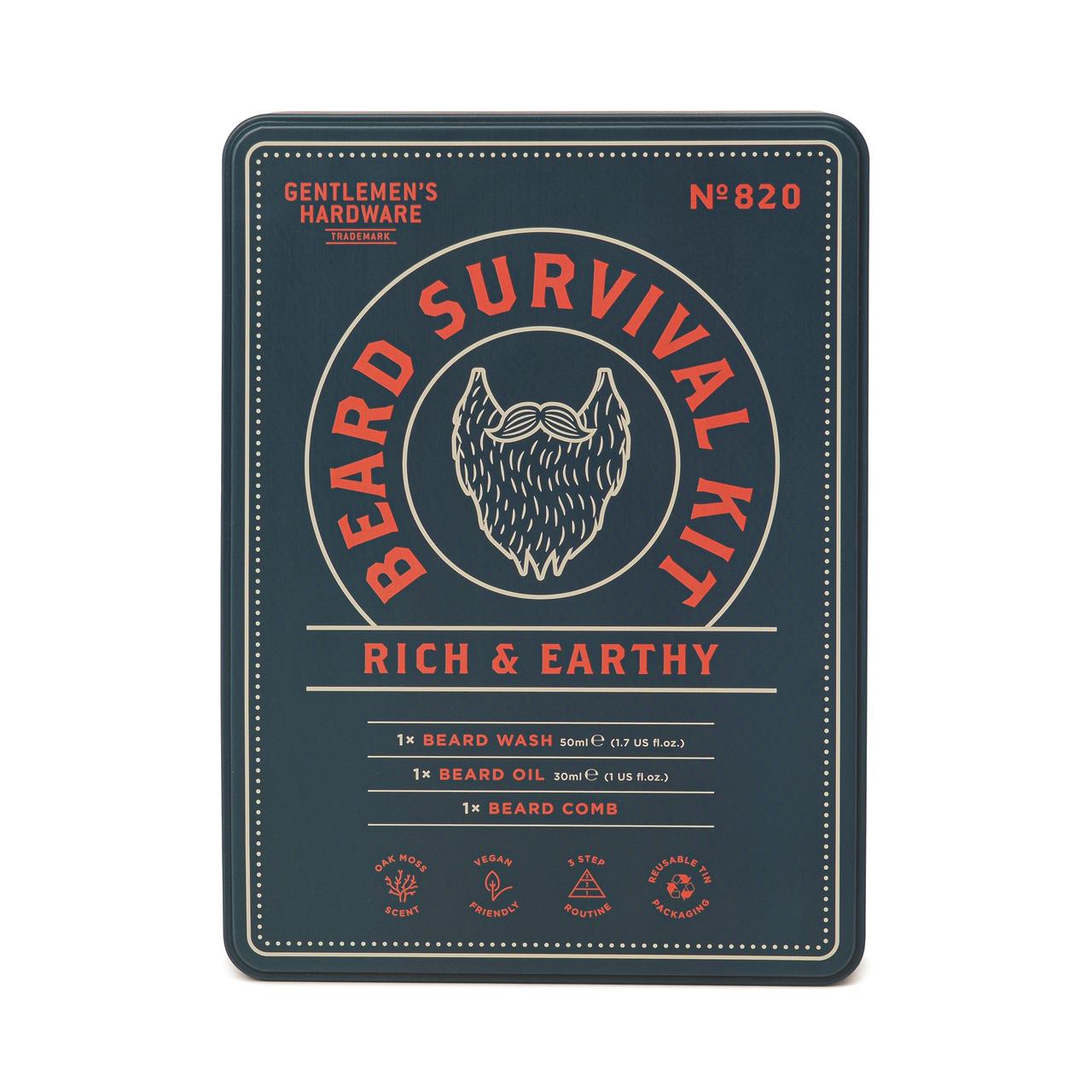 Das Bild zeigt ein Produkt mit dem Namen „Beard Survival Kit“. Es enthält Bartwäsche, Bartöl und einen Bartkamm mit einem „Rich & Earthy“-Duft.