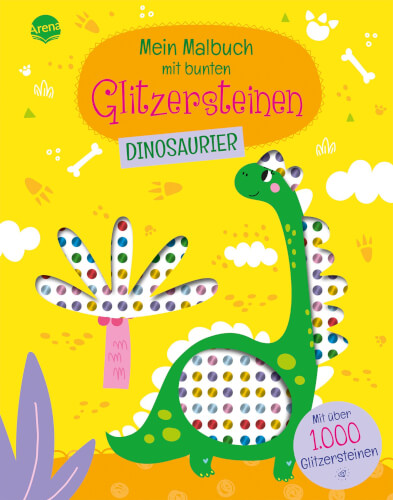 Auf dem Bild ist ein buntes Malbuch mit Glitzersteinen und einem fröhlichen Dinosaurier zu sehen. Das Cover ist gelb und enthält den Text "Mein Malbuch mit bunten Glitzersteinen: Dinosaurier" sowie den Hinweis auf über 1.000 Glitzersteine.