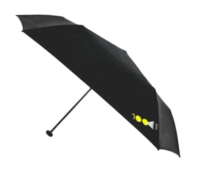 Auf dem Bild ist ein schwarzer Regenschirm mit dem Namen "Regenschirm 100g 'Schwarz'" zu sehen. Auf dem Schirm befindet sich ein gelbes und weißes Logo.