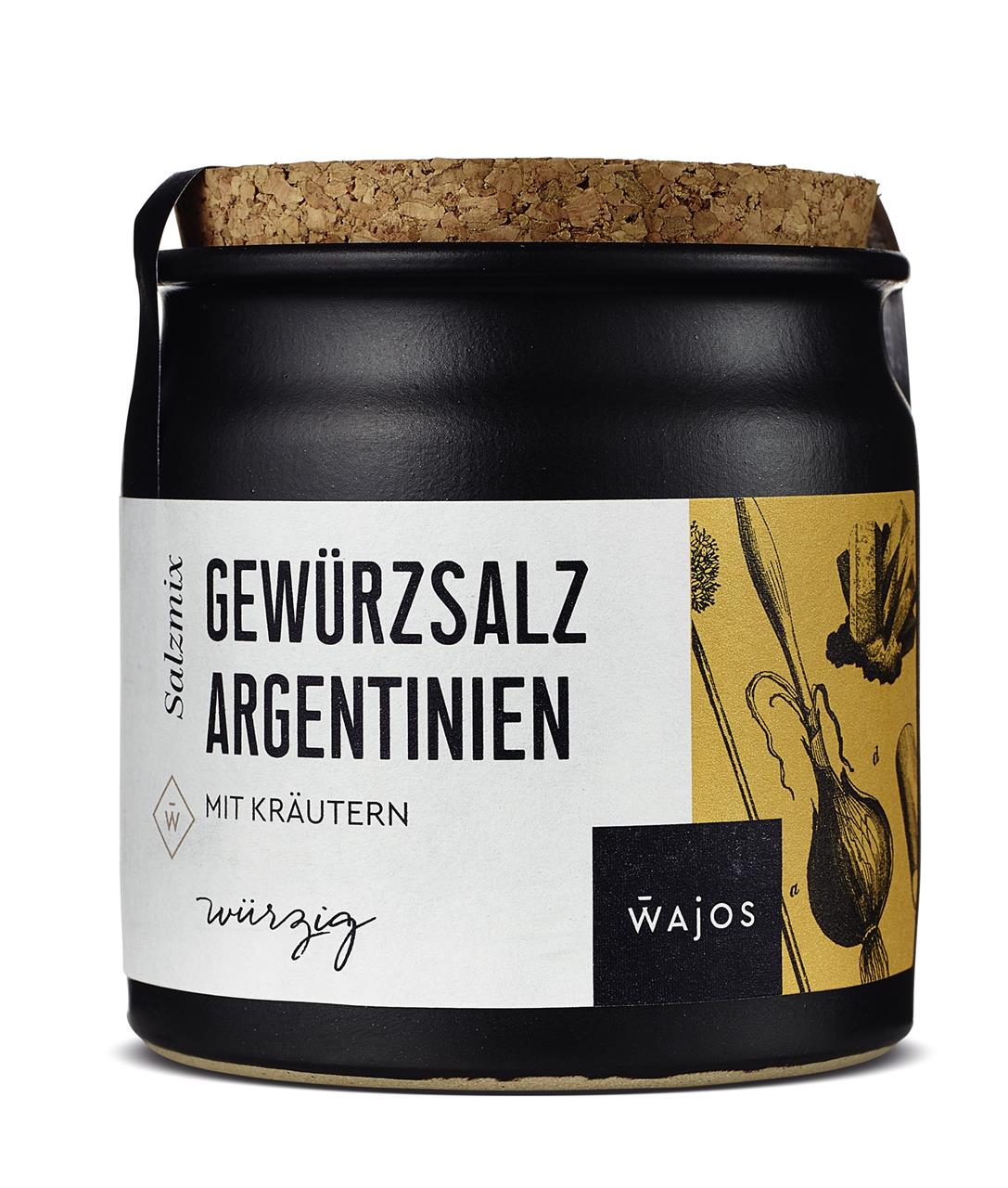 Das Bild zeigt ein schwarzes Gewürzglas mit der Aufschrift "Gewürzsalz Argentinien" auf dem Etikett. Der Behälter hat einen Korkdeckel und ein gelbes Etikett mit Kräuterzeichnungen.