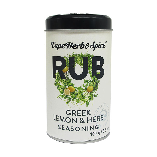 Das Bild zeigt eine Dose mit griechischem Zitronen- und Kräutergewürz von "Cape Herb & Spice". Auf der Verpackung steht "RUB GREEK LEMON & HERB SEASONING 100g".