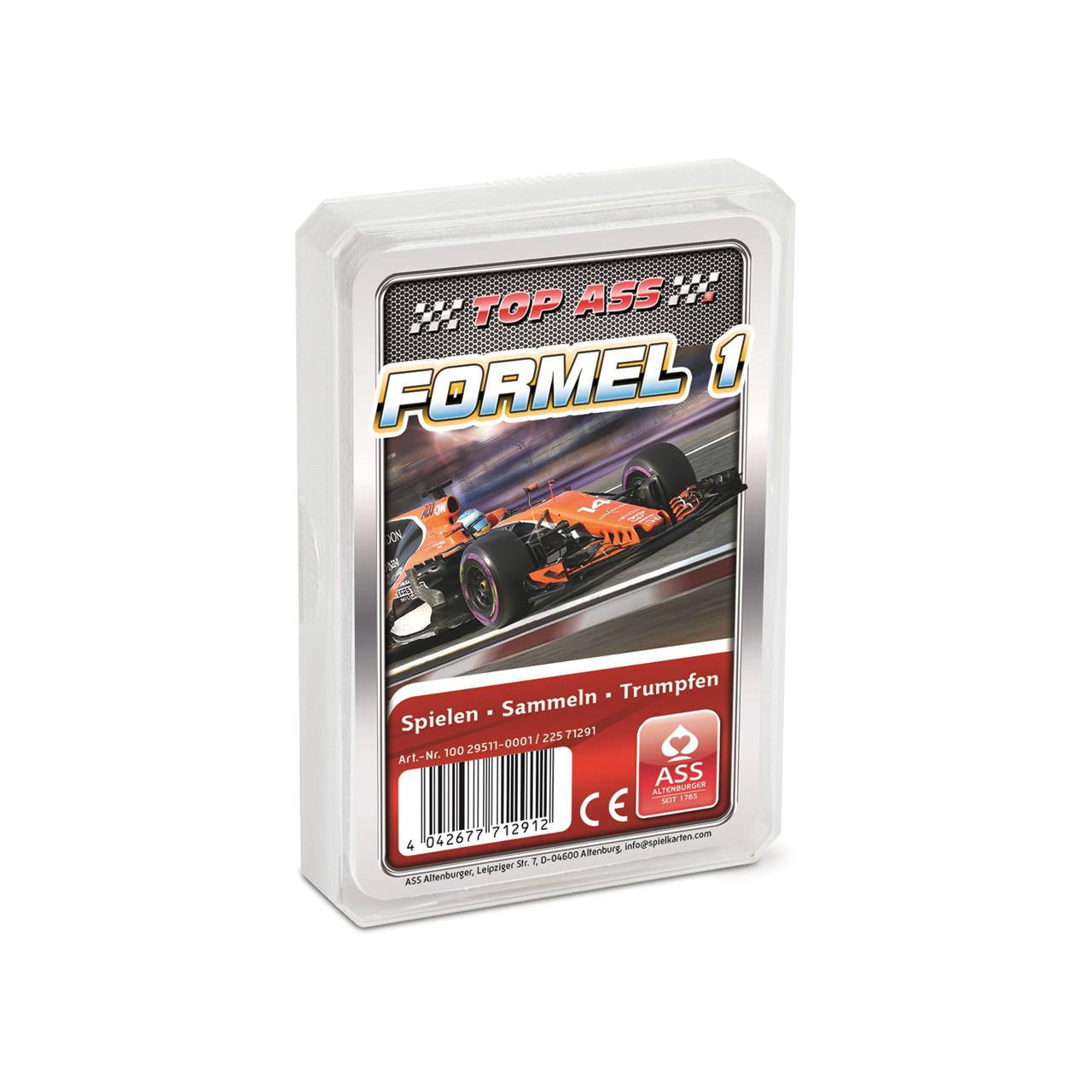 Das Bild zeigt das Kartenspiel "TOP ASS Formel 1" in einer Plastikbox. Auf dem Cover ist ein Formel-1-Rennwagen abgebildet.