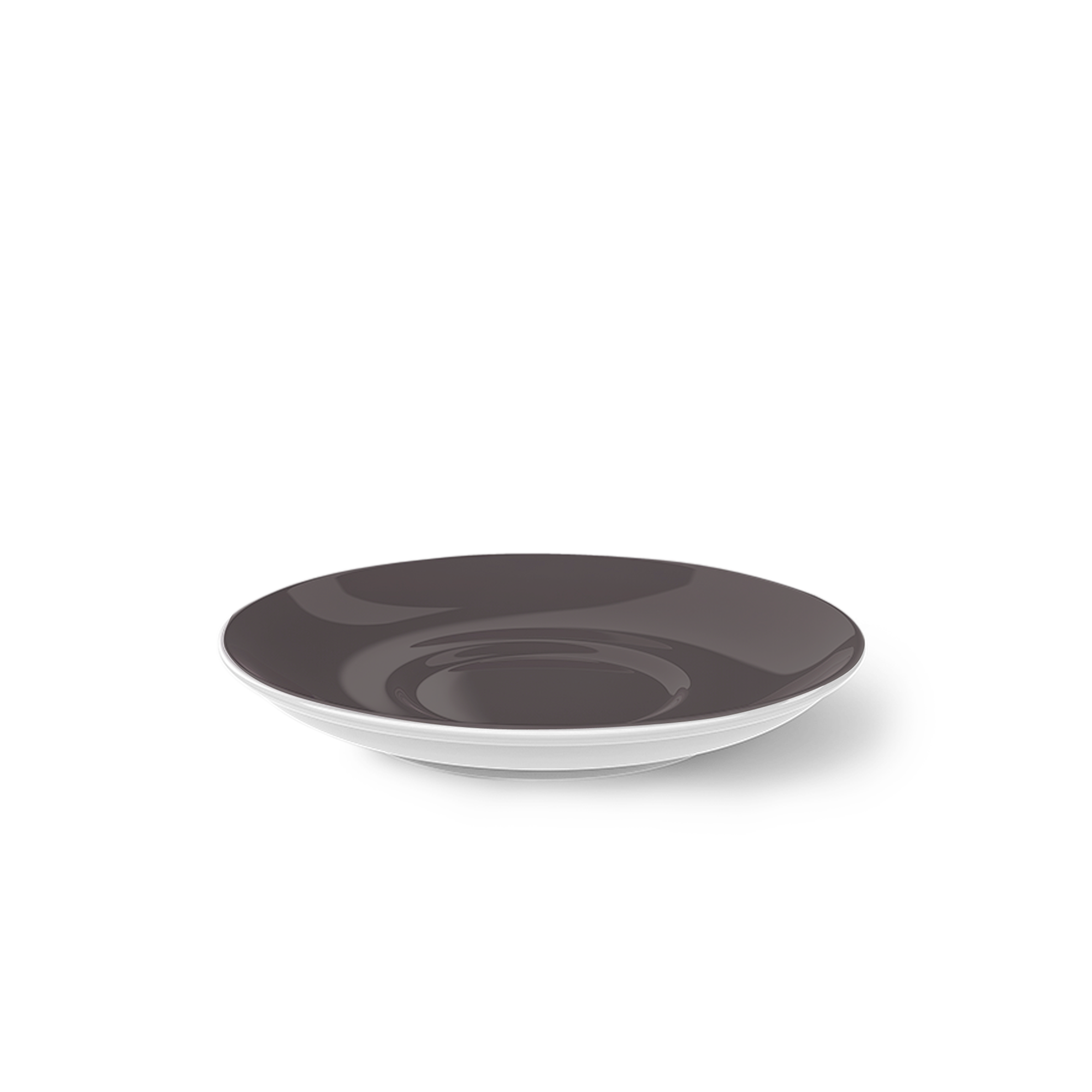 Eine Kaffee Untertasse mit einem Durchmesser von 14,5 cm in der Farbe Umbra. Das Produkt ist schlicht und für den täglichen Gebrauch geeignet.
