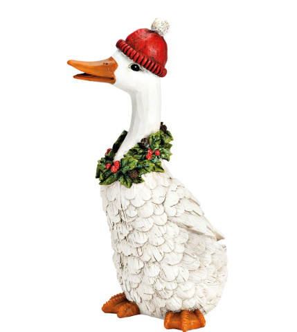 Weihnachtsgans mit Mütze und Kranz aus Poly in Weiß. Das Produkt eignet sich als festliche Dekoration.