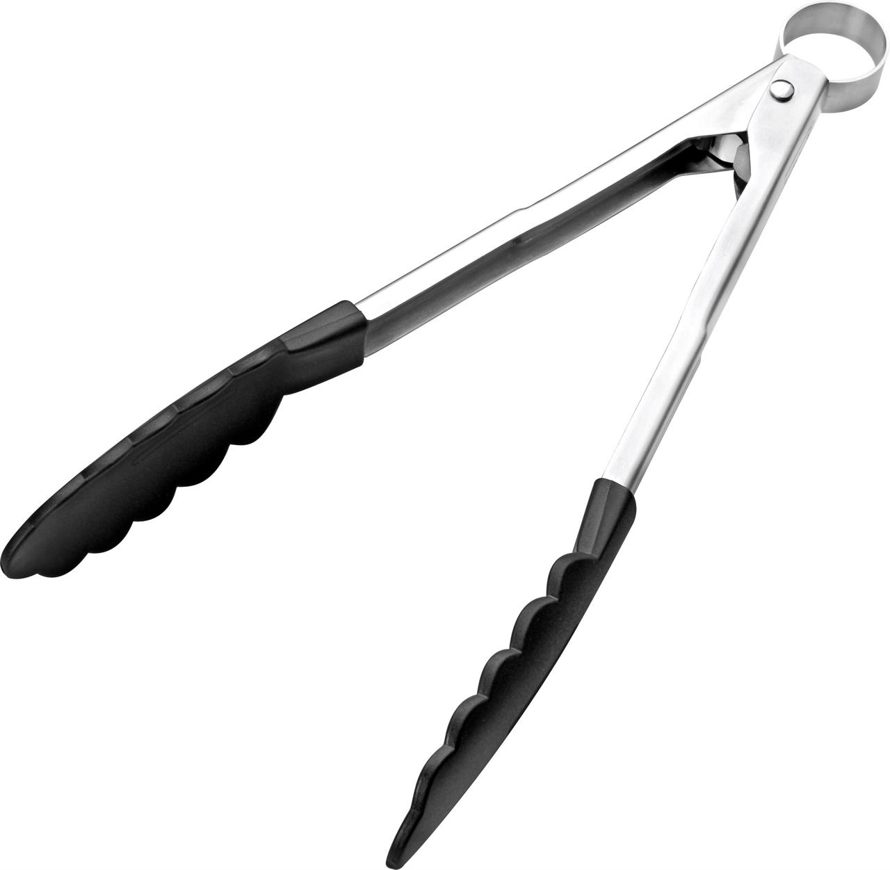 Die Abbildung zeigt eine Zange All-in-One antihaft 240mm. Sie besteht aus Edelstahl mit schwarzen, rutschfesten Greifflächen.