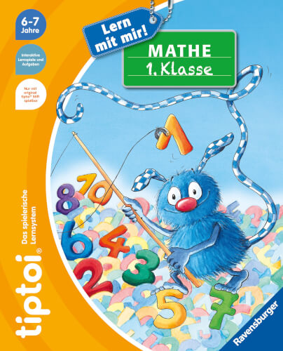 Auf dem Bild ist ein blaues, pelziges Monster zu sehen, das mit einer Angel bunte Zahlen fischt. Im Hintergrund steht „MATHE 1. Klasse“ auf einer grünen Tafel.