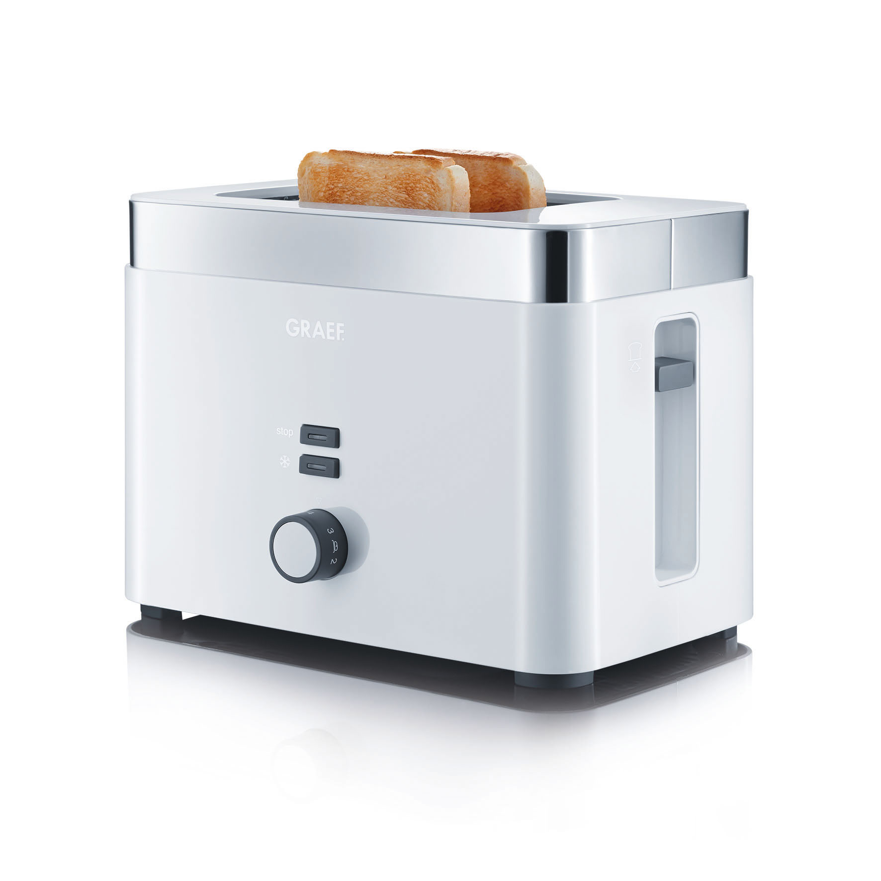 Ein weißer Toaster TO61. Das Gerät ist für das Toasten von Brotscheiben geeignet.