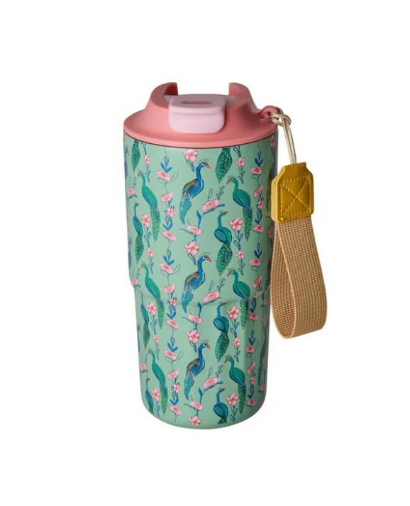 Edelstahl-Thermobecher mit Peacock Power Print. Dieser Becher hält Getränke lange warm oder kalt und besticht durch sein auffälliges Design.