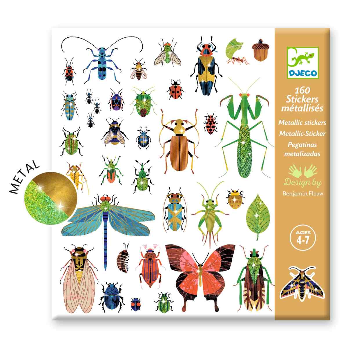 Das Bild zeigt ein Sticker-Set mit verschiedenen bunten Insektenmotiven. Auf der Verpackung steht, dass es 160 metallische Sticker für Kinder im Alter von 4-7 Jahren enthält.