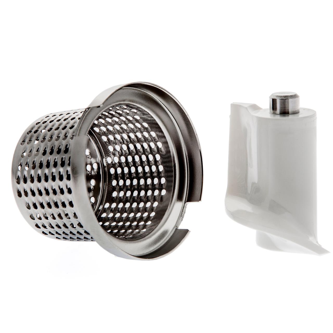 Das Bild zeigt einen Fleischwolf mit einem Zubehörsatz. Zu sehen sind ein Metallaufsatz mit Löchern und ein weißes Kunststoffteil.